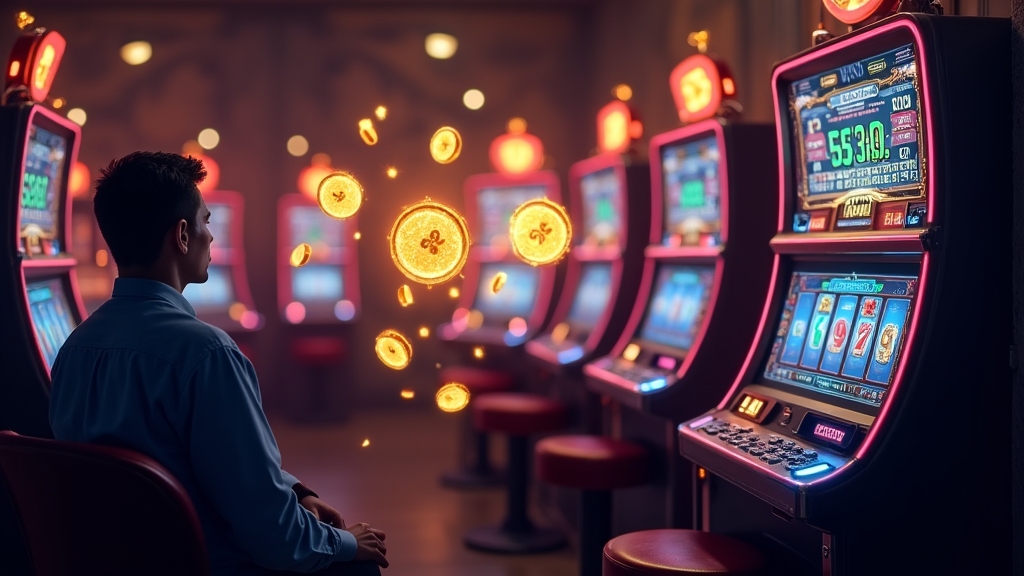 Slot machine showing free spins and a countdown in a dark casino