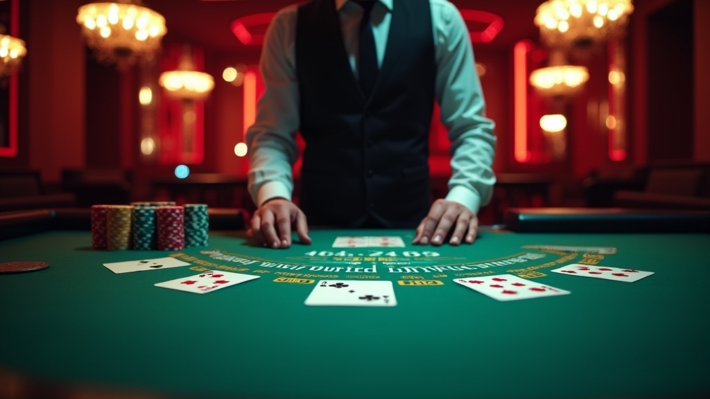Live blackjack dealer dealing cards at a green felt table in a casino studio