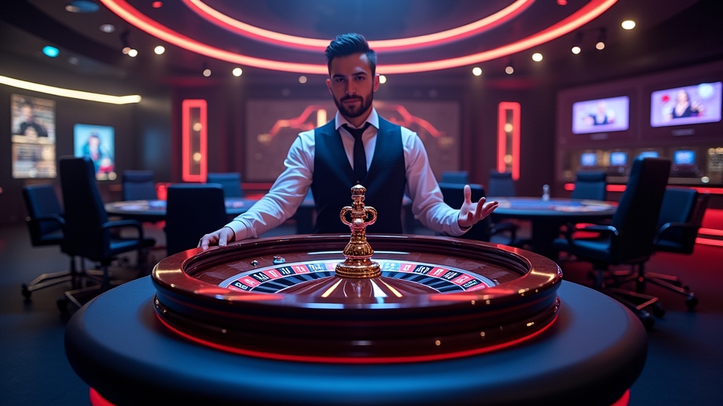 Live dealer casino studio with roulette and blackjack tables under neon lights
