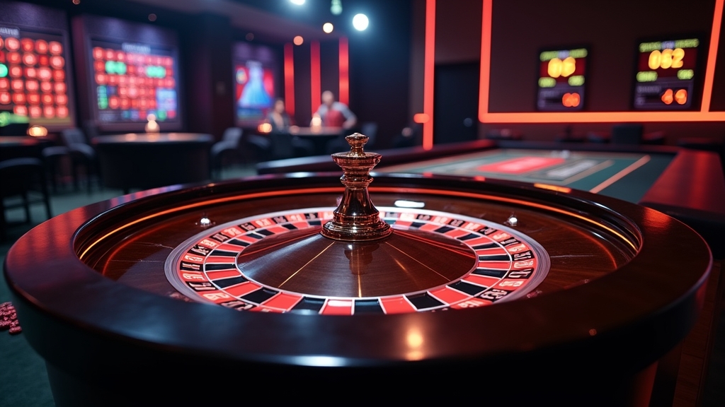 Live roulette wheel, dealer, and betting table in a dark casino studio