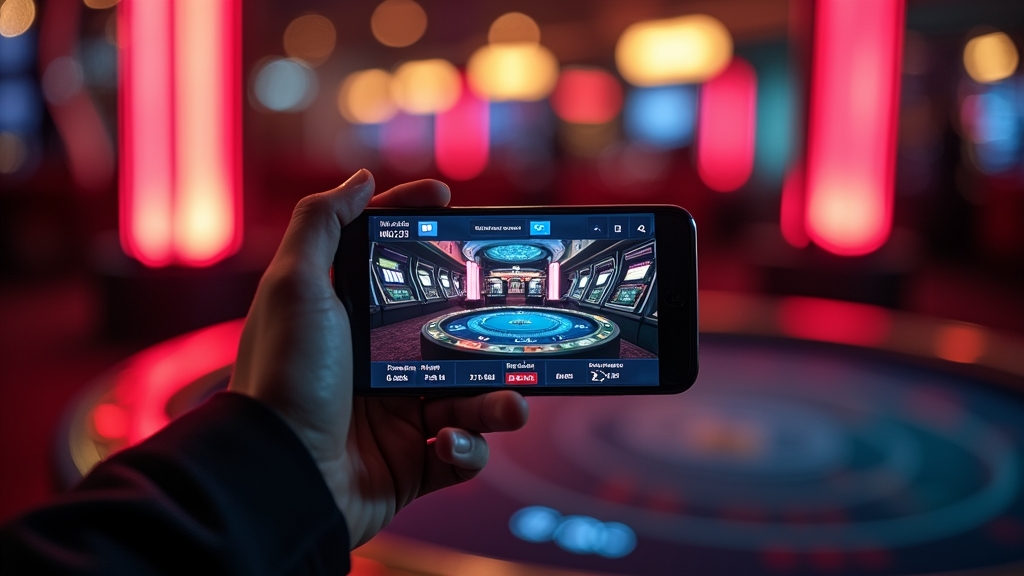 Smartphone displaying a clean casino app interface with glowing menus