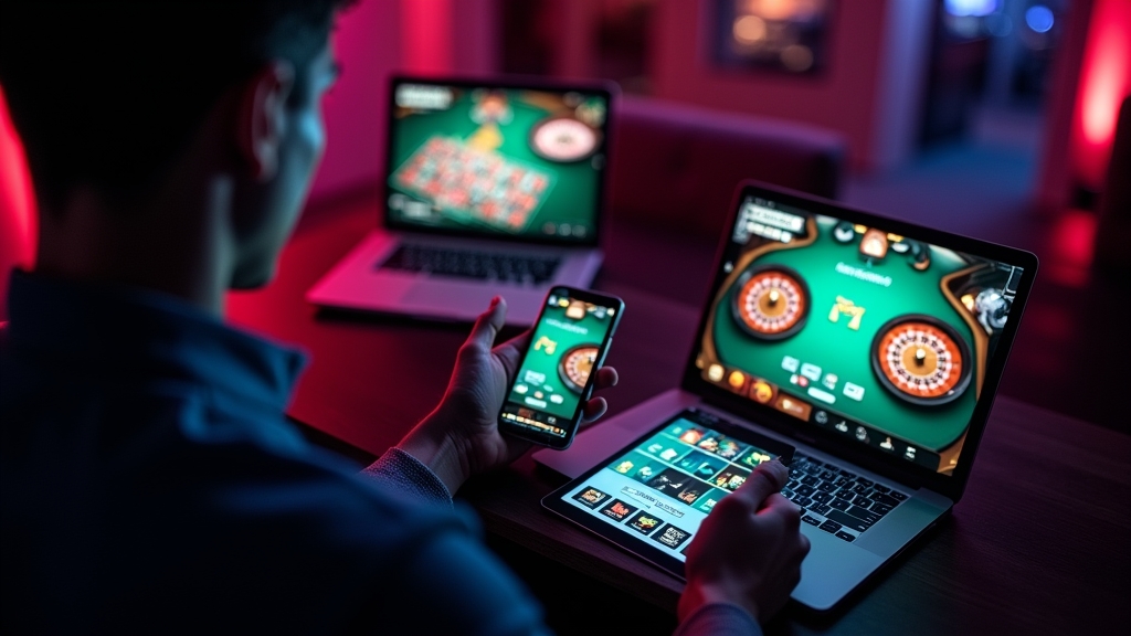 Live casino tables displayed across phone, tablet, and laptop screens