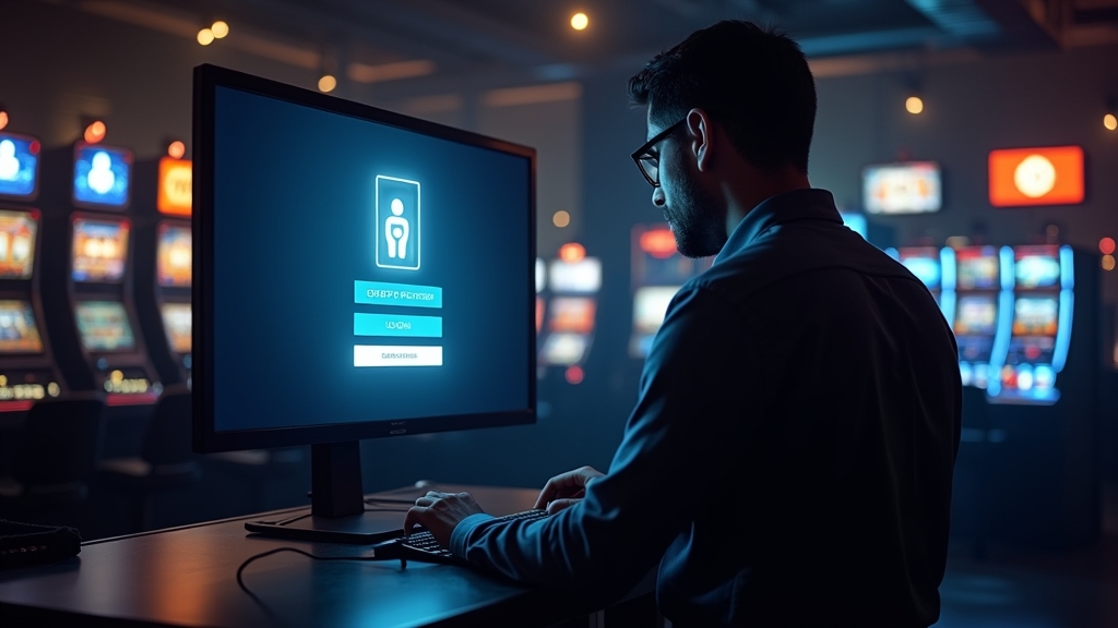 Spieler gibt Anmeldedaten neben einem leuchtenden Casino-Kontobildschirm ein