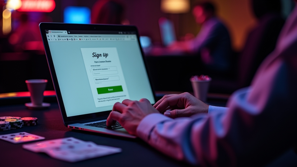 Neuer Spieler füllt ein Casino-Anmeldeformular auf einem Laptop aus