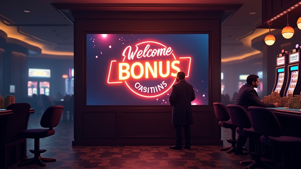 Player checking a welcome bonus screen in a dark casino lobby